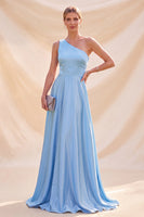 Laden Sie das Bild in den Galerie-Viewer, Himmelblaues A-Linie Satin Maxikleid mit Satin
