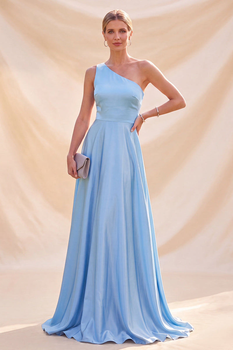 Laden Sie das Bild in den Galerie-Viewer, Himmelblaues A-Linie Satin Maxikleid mit Satin