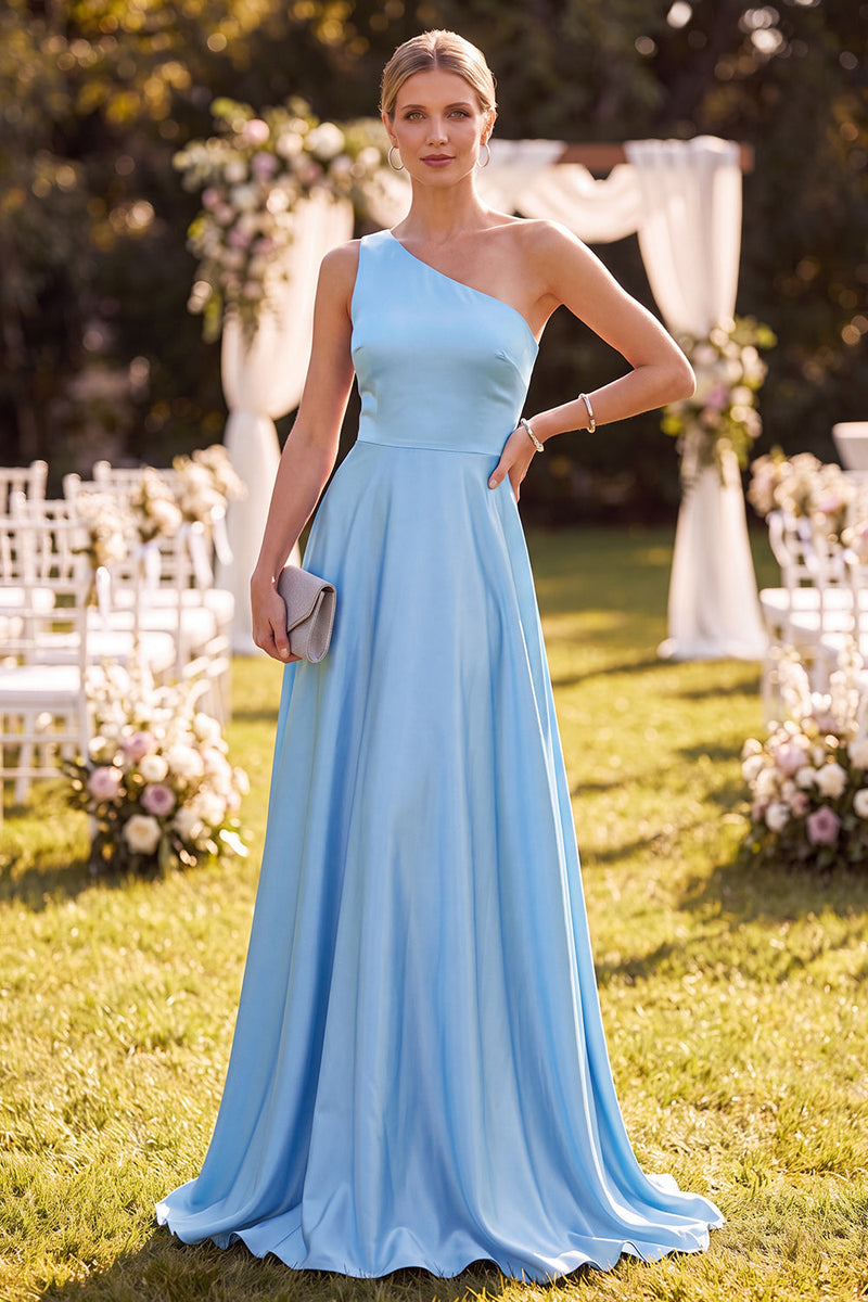 Laden Sie das Bild in den Galerie-Viewer, Himmelblaues A-Linie Satin Maxikleid mit Satin