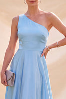 Laden Sie das Bild in den Galerie-Viewer, Himmelblaues A-Linie Satin Maxikleid mit Satin