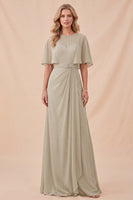 Laden Sie das Bild in den Galerie-Viewer, Taupe Chiffon A-Linie Maxi-Kleid mit Rundhals und Gürtel