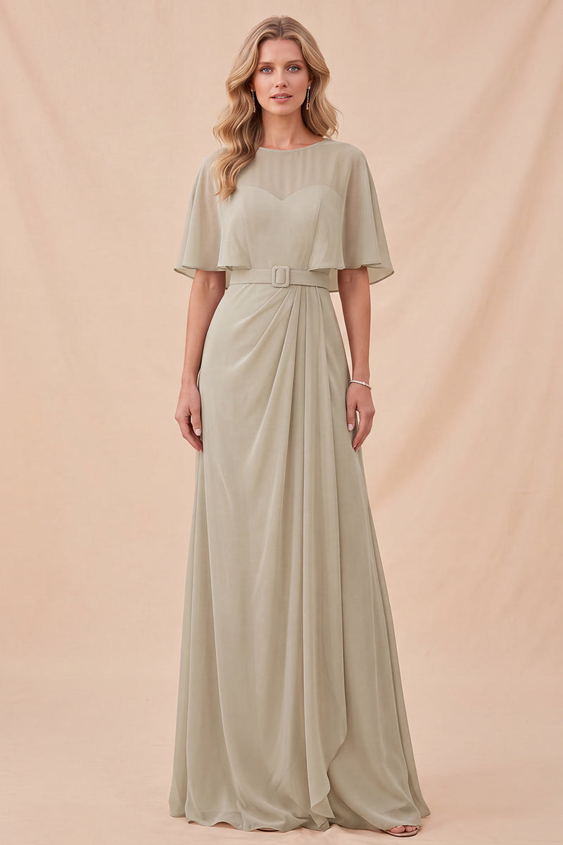 Laden Sie das Bild in den Galerie-Viewer, Taupe Chiffon A-Linie Maxi-Kleid mit Rundhals und Gürtel