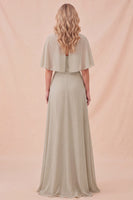 Laden Sie das Bild in den Galerie-Viewer, Taupe Chiffon A-Linie Maxi-Kleid mit Rundhals und Gürtel