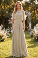 Laden Sie das Bild in den Galerie-Viewer, Taupe Chiffon A-Linie Maxi-Kleid mit Rundhals und Gürtel
