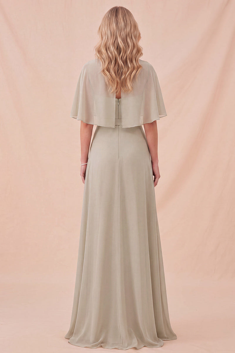 Laden Sie das Bild in den Galerie-Viewer, Taupe Chiffon A-Linie Maxi-Kleid mit Rundhals und Gürtel