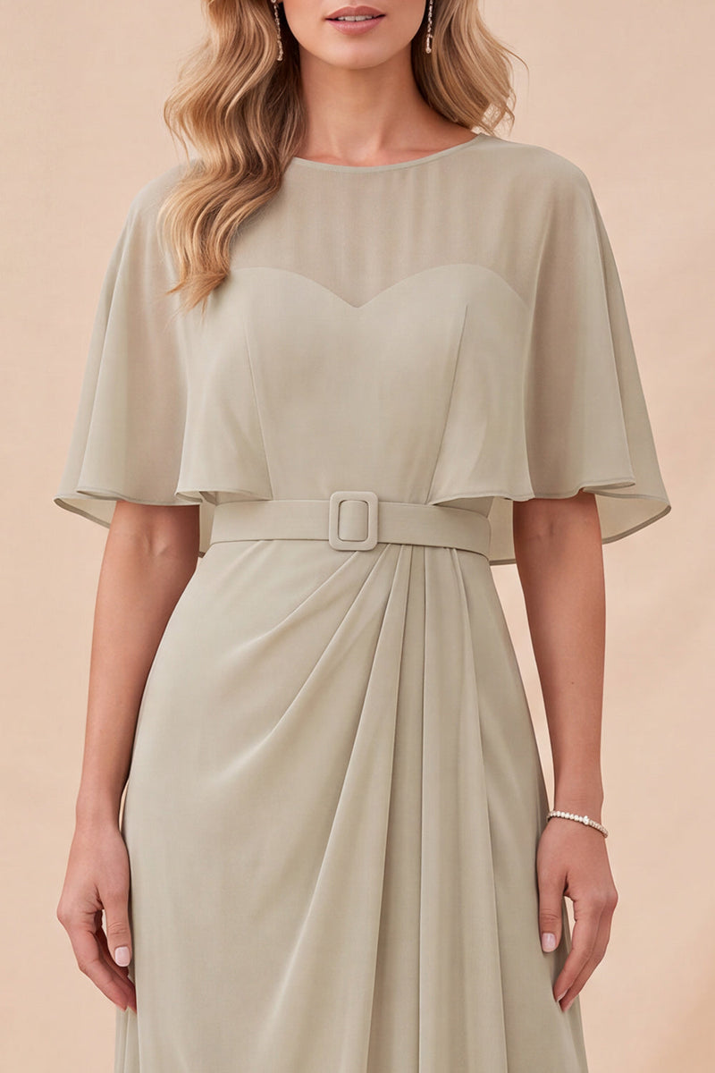 Laden Sie das Bild in den Galerie-Viewer, Taupe Chiffon A-Linie Maxi-Kleid mit Rundhals und Gürtel