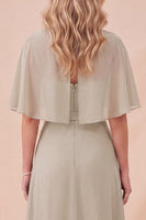Laden Sie das Bild in den Galerie-Viewer, Taupe Chiffon A-Linie Maxi-Kleid mit Rundhals und Gürtel