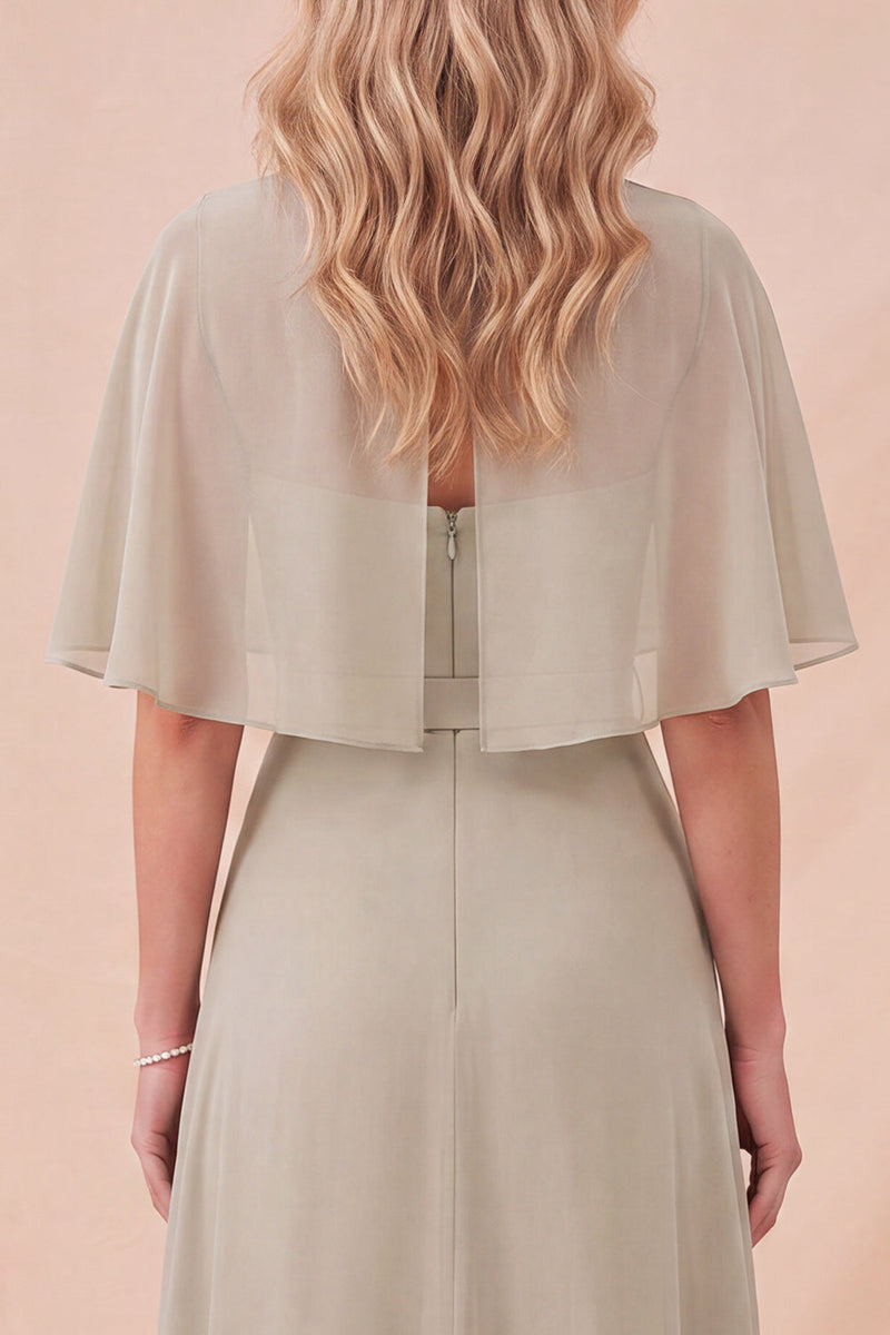 Laden Sie das Bild in den Galerie-Viewer, Taupe Chiffon A-Linie Maxi-Kleid mit Rundhals und Gürtel