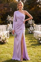 Laden Sie das Bild in den Galerie-Viewer, Hellviolettes Einschulteriges Gerafftes Meerjungfrauen Maxikleid mit Schlitz