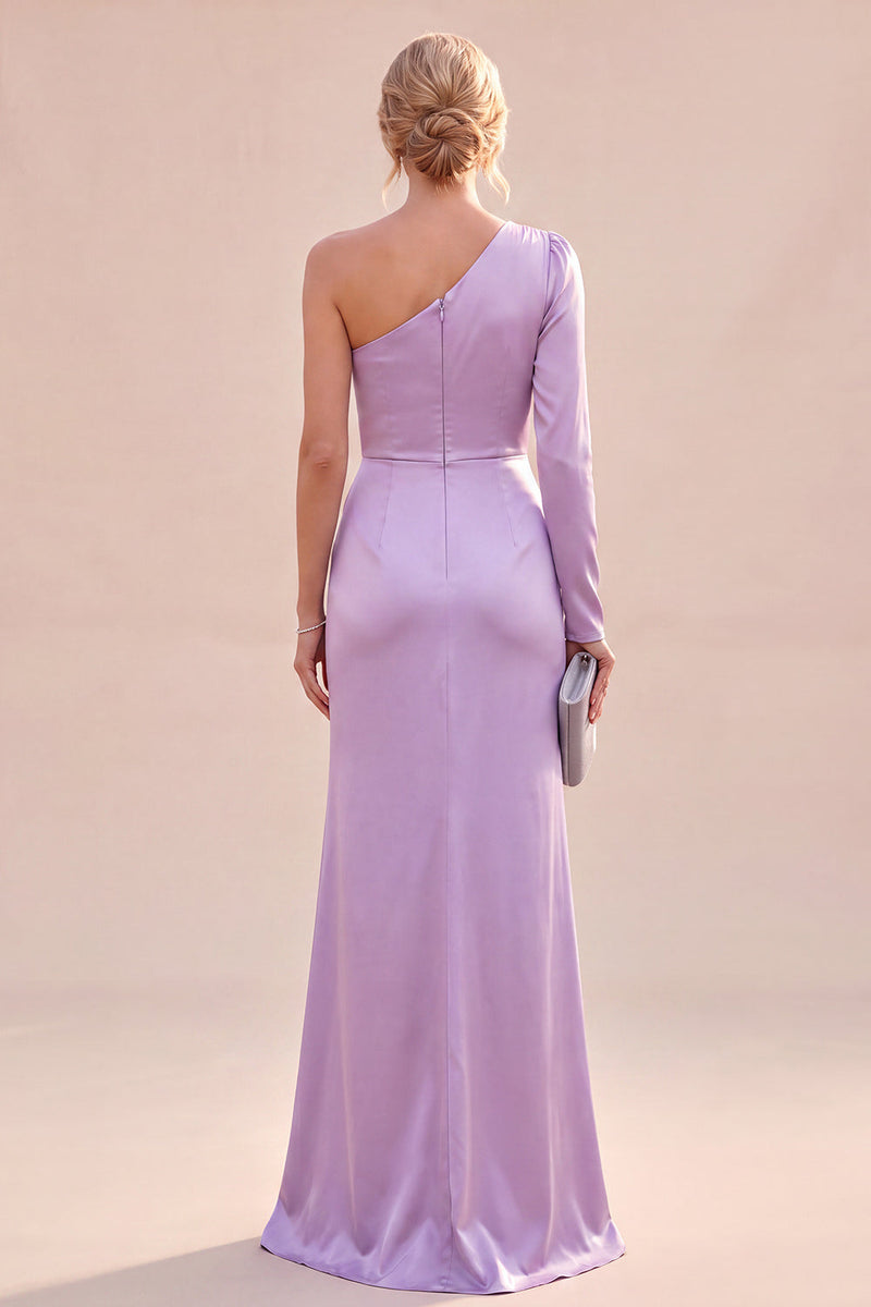 Laden Sie das Bild in den Galerie-Viewer, Hellviolettes Einschulteriges Gerafftes Meerjungfrauen Maxikleid mit Schlitz