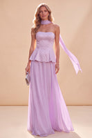 Laden Sie das Bild in den Galerie-Viewer, Hellviolettes Trägerloses A-Linie Chiffon Maxikleid mit Perlen