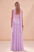 Laden Sie das Bild in den Galerie-Viewer, Hellviolettes Trägerloses A-Linie Chiffon Maxikleid mit Perlen