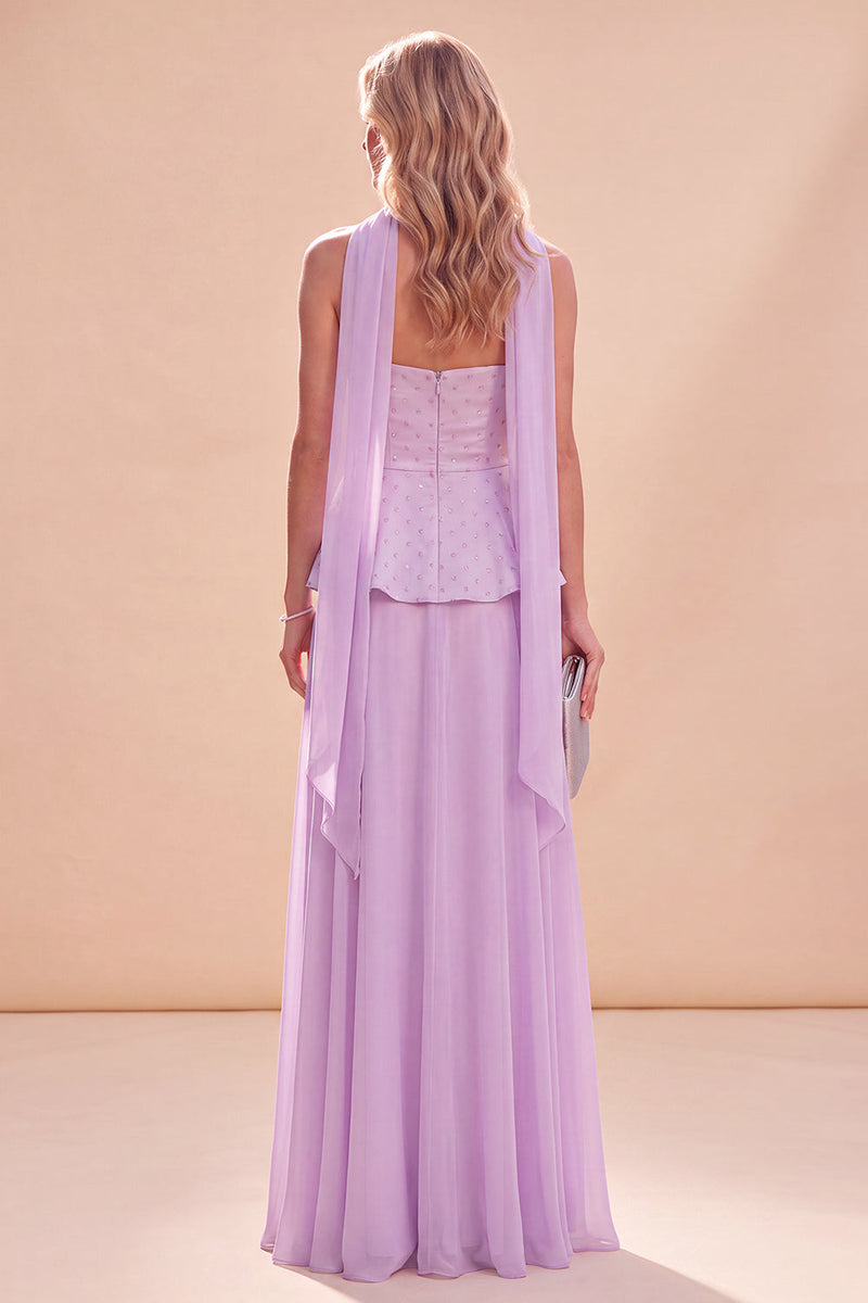 Laden Sie das Bild in den Galerie-Viewer, Hellviolettes Trägerloses A-Linie Chiffon Maxikleid mit Perlen