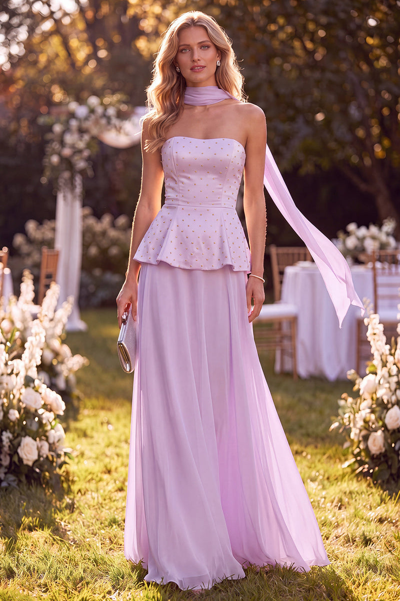 Laden Sie das Bild in den Galerie-Viewer, Hellviolettes Trägerloses A-Linie Chiffon Maxikleid mit Perlen