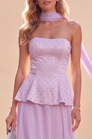 Laden Sie das Bild in den Galerie-Viewer, Hellviolettes Trägerloses A-Linie Chiffon Maxikleid mit Perlen