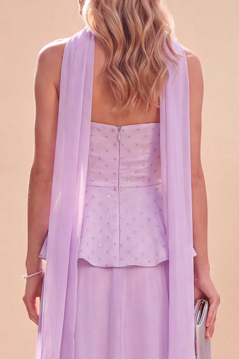 Laden Sie das Bild in den Galerie-Viewer, Hellviolettes Trägerloses A-Linie Chiffon Maxikleid mit Perlen