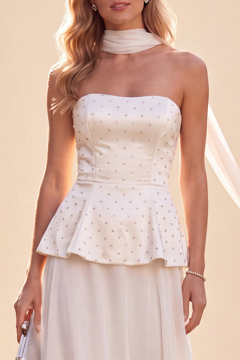 Laden Sie das Bild in den Galerie-Viewer, Hellviolettes Trägerloses A-Linie Chiffon Maxikleid mit Perlen