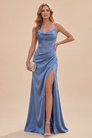Laden Sie das Bild in den Galerie-Viewer, Schieferblaues Satin Meerjungfrauen Spaghettiträger Maxikleid mit Schlitz