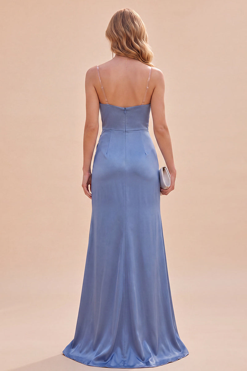 Laden Sie das Bild in den Galerie-Viewer, Schieferblaues Satin Meerjungfrauen Spaghettiträger Maxikleid mit Schlitz