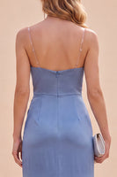 Laden Sie das Bild in den Galerie-Viewer, Schieferblaues Satin Meerjungfrauen Spaghettiträger Maxikleid mit Schlitz