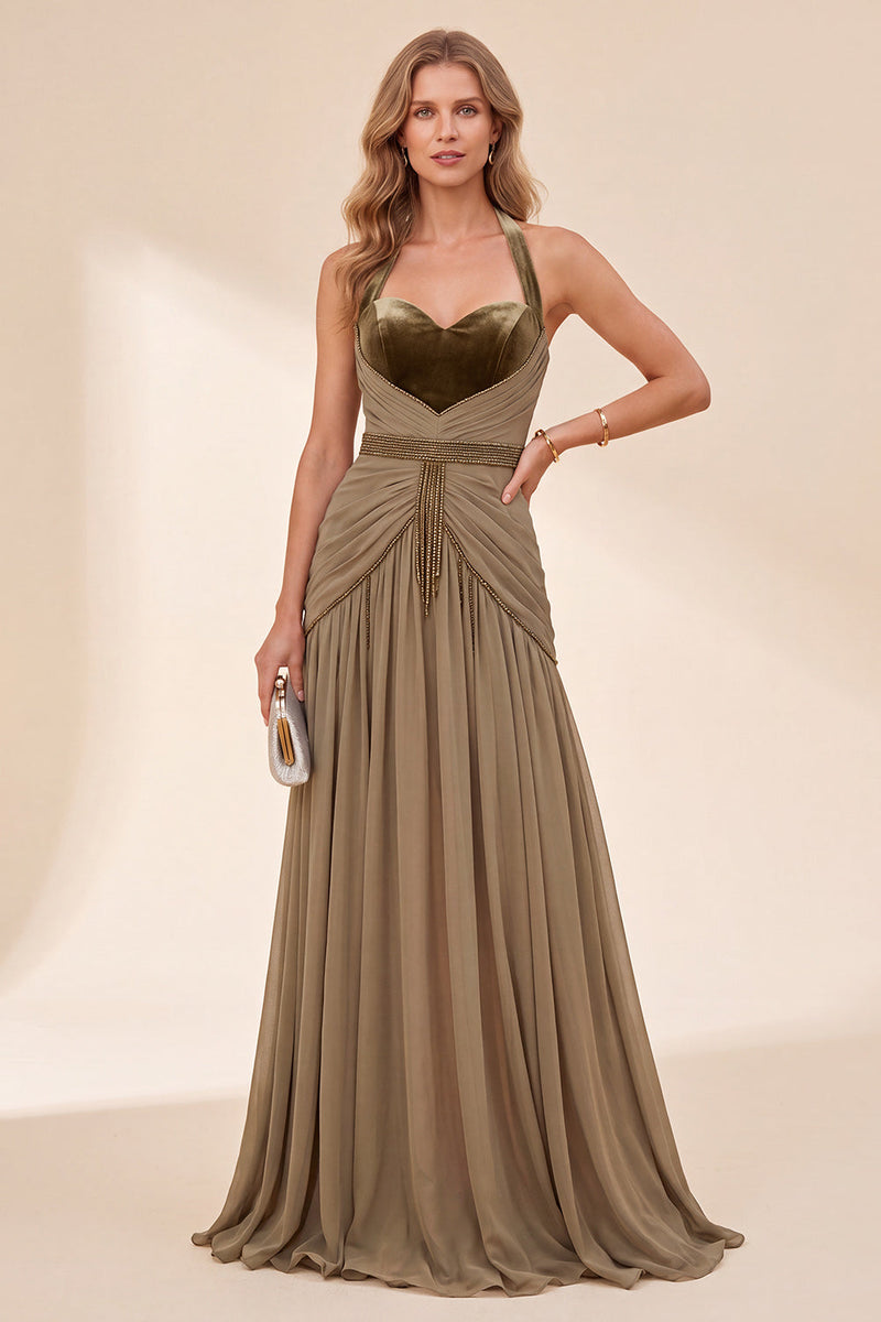 Laden Sie das Bild in den Galerie-Viewer, Khaki Neckholderhals A-Linie Maxi-Kleid mit Perlen