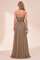 Laden Sie das Bild in den Galerie-Viewer, Khaki Neckholderhals A-Linie Maxi-Kleid mit Perlen