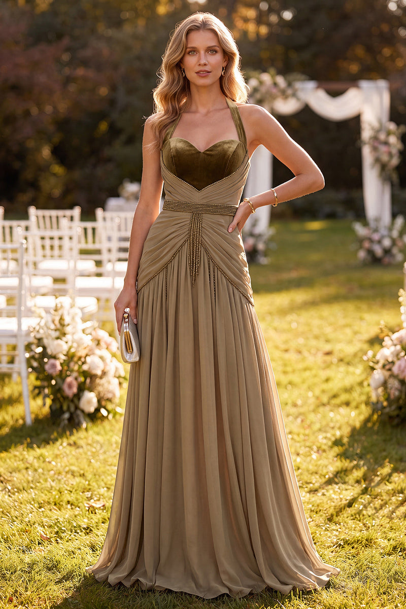 Laden Sie das Bild in den Galerie-Viewer, Khaki Neckholderhals A-Linie Maxi-Kleid mit Perlen