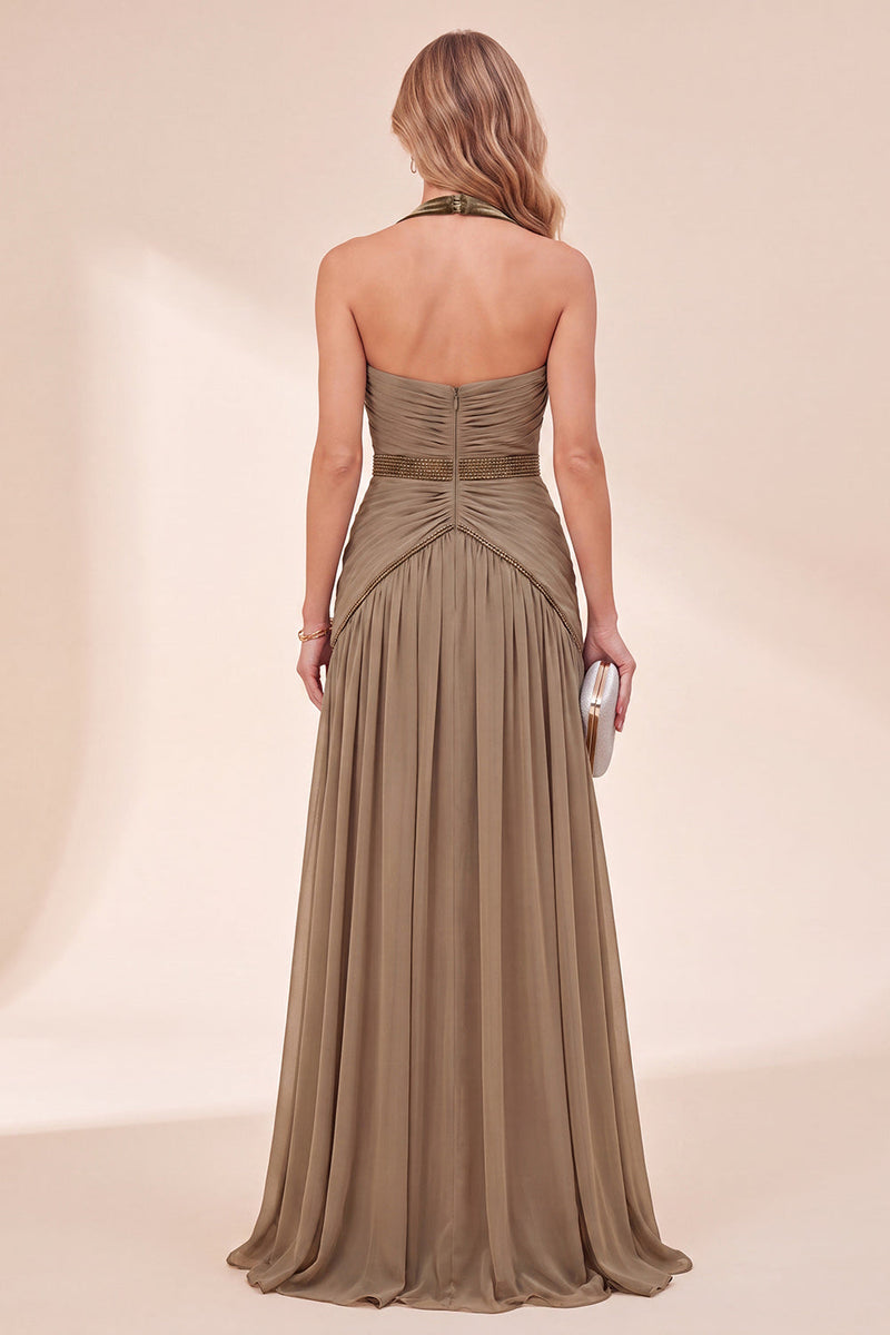 Laden Sie das Bild in den Galerie-Viewer, Khaki Neckholderhals A-Linie Maxi-Kleid mit Perlen