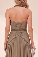 Laden Sie das Bild in den Galerie-Viewer, Khaki Neckholderhals A-Linie Maxi-Kleid mit Perlen