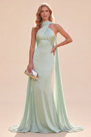 Laden Sie das Bild in den Galerie-Viewer, Meerjungfrauen Grünes Satin Neckholder Maxikleid mit Schal
