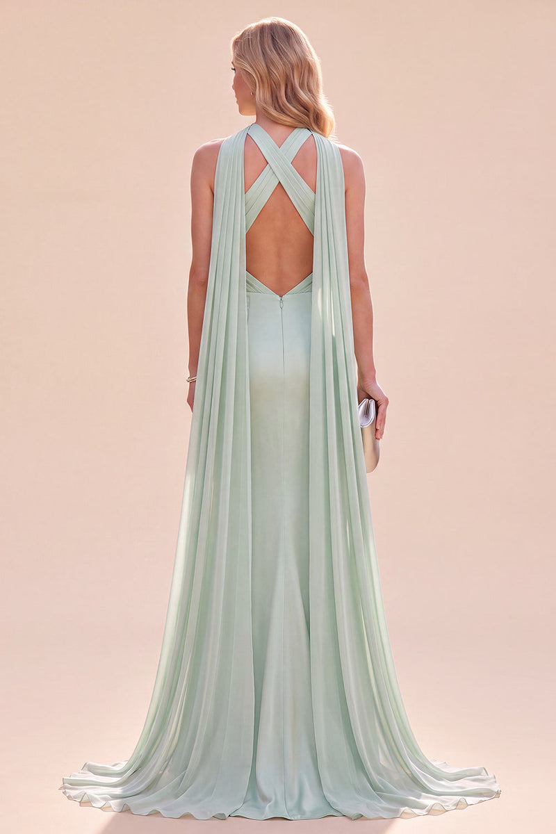 Laden Sie das Bild in den Galerie-Viewer, Meerjungfrauen Grünes Satin Neckholder Maxikleid mit Schal