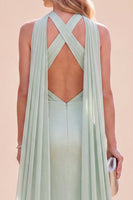 Laden Sie das Bild in den Galerie-Viewer, Meerjungfrauen Grünes Satin Neckholder Maxikleid mit Schal