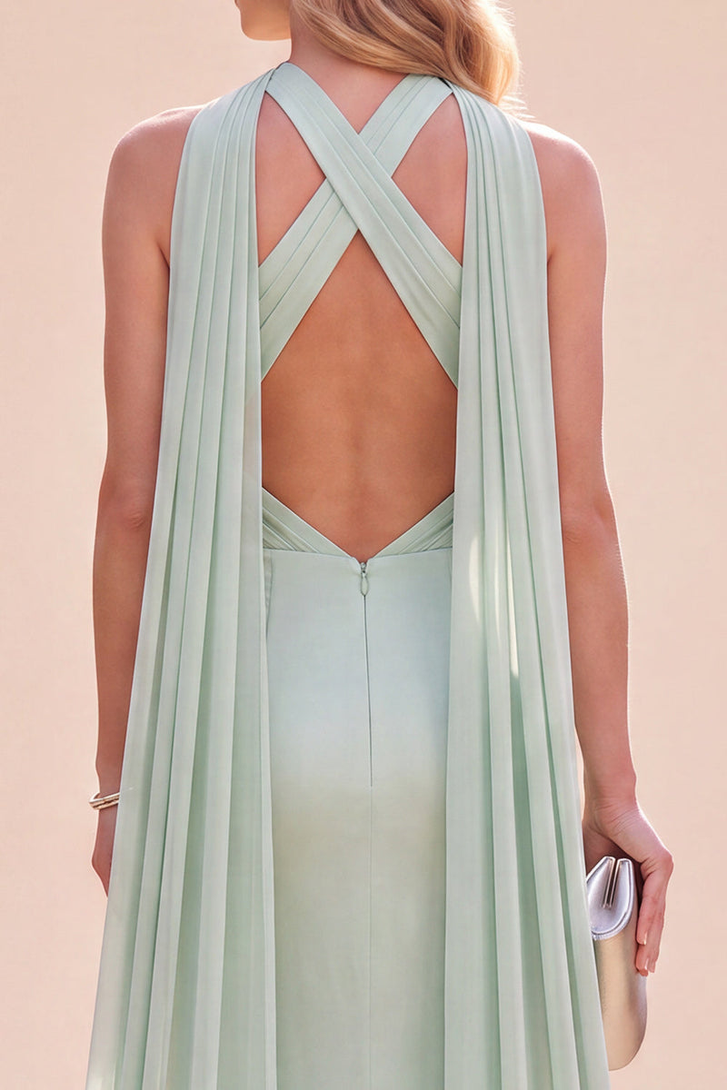 Laden Sie das Bild in den Galerie-Viewer, Meerjungfrauen Grünes Satin Neckholder Maxikleid mit Schal