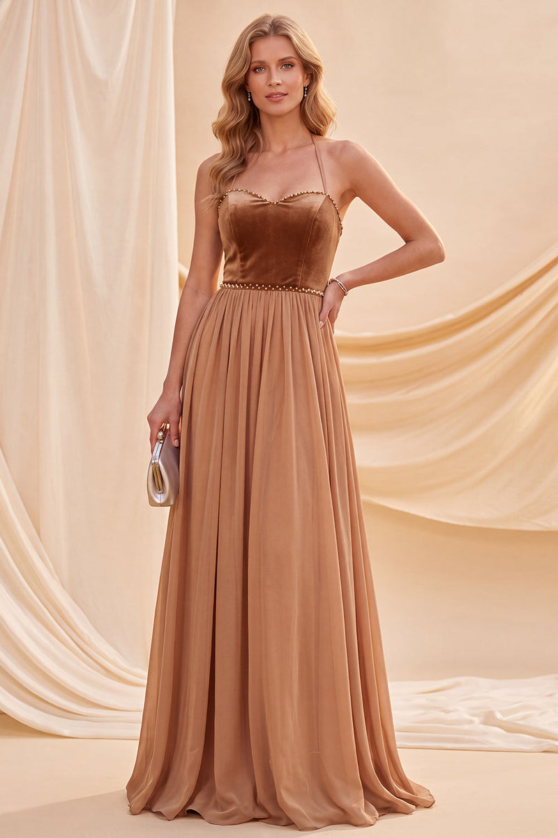 Laden Sie das Bild in den Galerie-Viewer, Khaki Neckholderhals A-Linie Maxi-Kleid mit Perlen