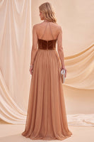 Laden Sie das Bild in den Galerie-Viewer, Khaki Neckholderhals A-Linie Maxi-Kleid mit Perlen