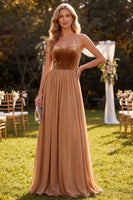 Laden Sie das Bild in den Galerie-Viewer, Khaki Neckholderhals A-Linie Maxi-Kleid mit Perlen