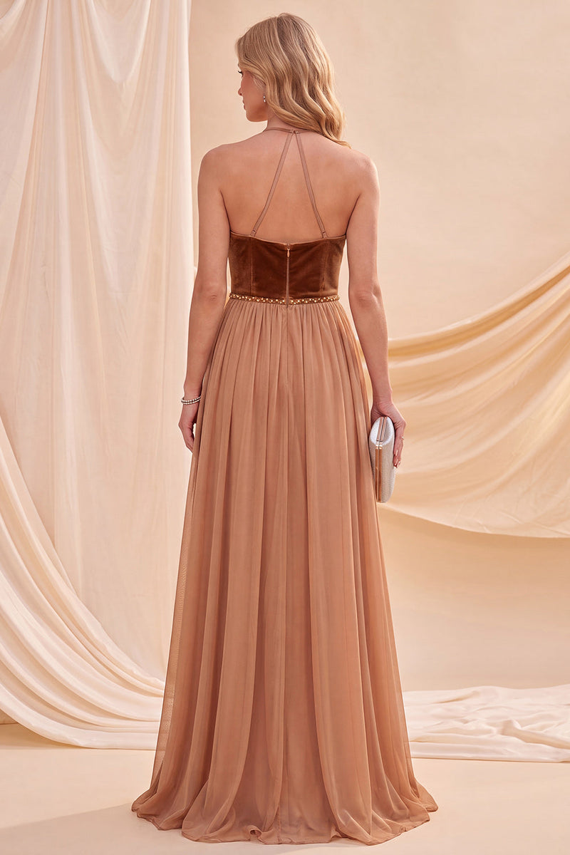 Laden Sie das Bild in den Galerie-Viewer, Khaki Neckholderhals A-Linie Maxi-Kleid mit Perlen