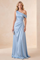 Laden Sie das Bild in den Galerie-Viewer, Himmelblaues Einschulter Satin Maxikleid mit einer Schulter
