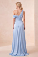 Laden Sie das Bild in den Galerie-Viewer, Himmelblaues Einschulter Satin Maxikleid mit einer Schulter