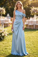 Laden Sie das Bild in den Galerie-Viewer, Himmelblaues Einschulter Satin Maxikleid mit einer Schulter