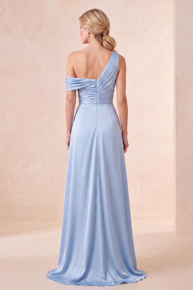 Laden Sie das Bild in den Galerie-Viewer, Himmelblaues Einschulter Satin Maxikleid mit einer Schulter