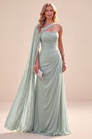 Laden Sie das Bild in den Galerie-Viewer, Mintgrünes Einschulter A-Linie Chiffon Maxikleid mit Umhang