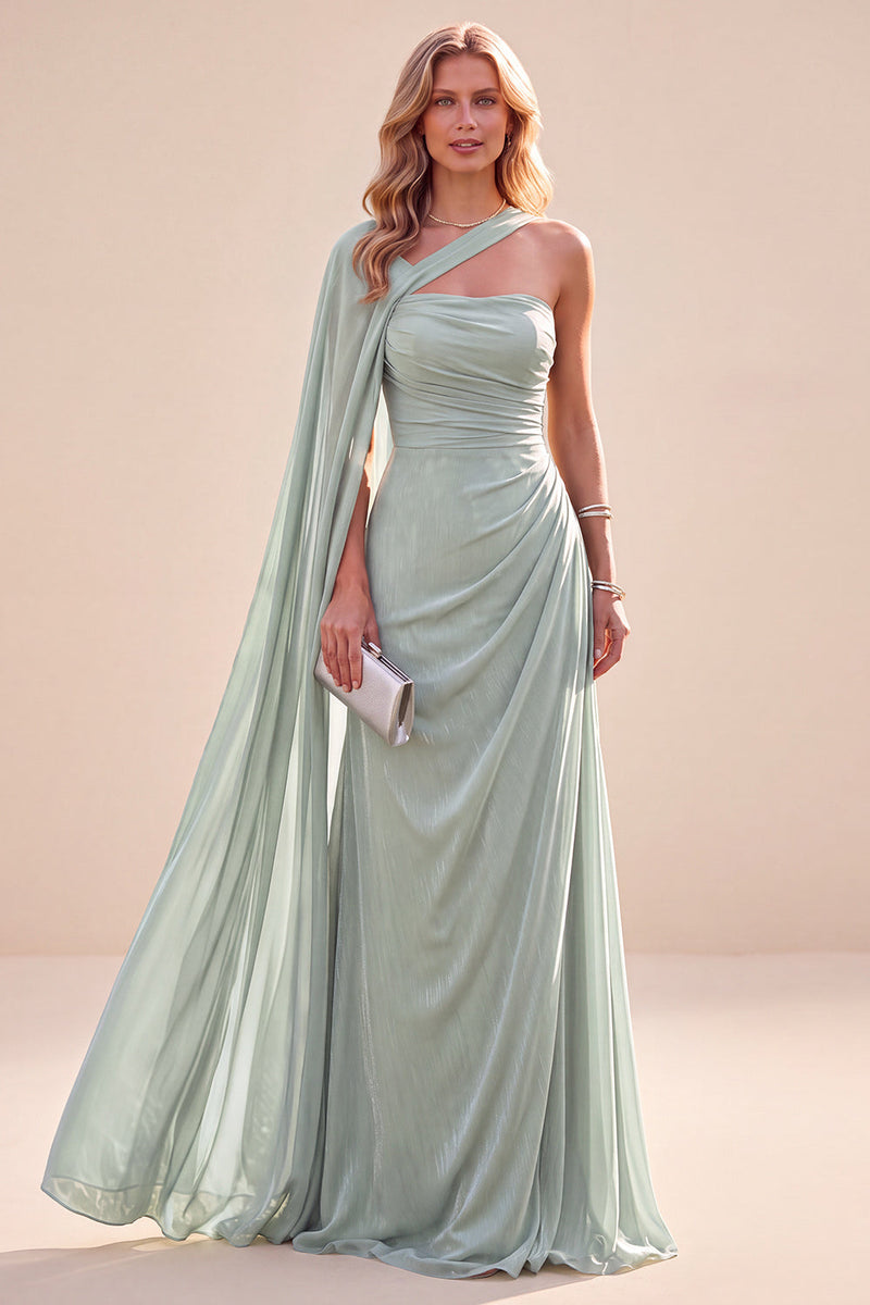 Laden Sie das Bild in den Galerie-Viewer, Mintgrünes Einschulter A-Linie Chiffon Maxikleid mit Umhang