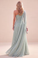 Laden Sie das Bild in den Galerie-Viewer, Mintgrünes Einschulter A-Linie Chiffon Maxikleid mit Umhang