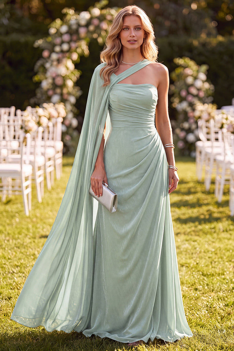 Laden Sie das Bild in den Galerie-Viewer, Mintgrünes Einschulter A-Linie Chiffon Maxikleid mit Umhang
