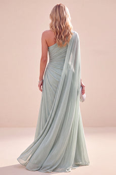 Mintgrünes Einschulter A-Linie Chiffon Maxikleid mit Umhang