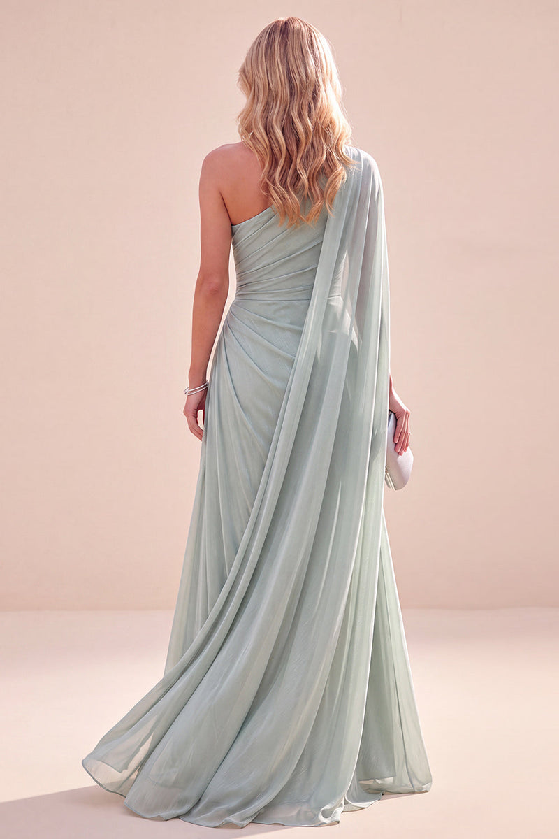 Laden Sie das Bild in den Galerie-Viewer, Mintgrünes Einschulter A-Linie Chiffon Maxikleid mit Umhang