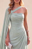 Laden Sie das Bild in den Galerie-Viewer, Mintgrünes Einschulter A-Linie Chiffon Maxikleid mit Umhang