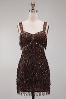 Laden Sie das Bild in den Galerie-Viewer, Braunes Bodycon Pailletten Fransen Kurzes Abendkleid mit Strass