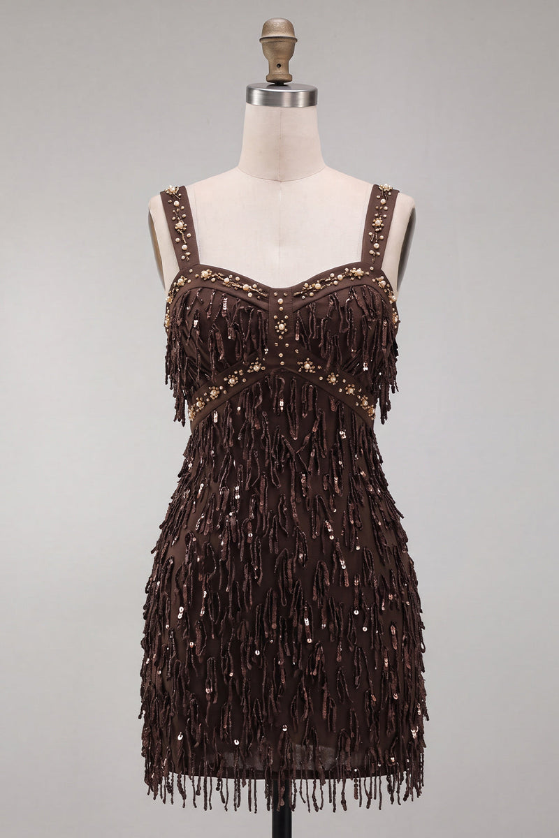 Laden Sie das Bild in den Galerie-Viewer, Braunes Bodycon Pailletten Fransen Kurzes Abendkleid mit Strass